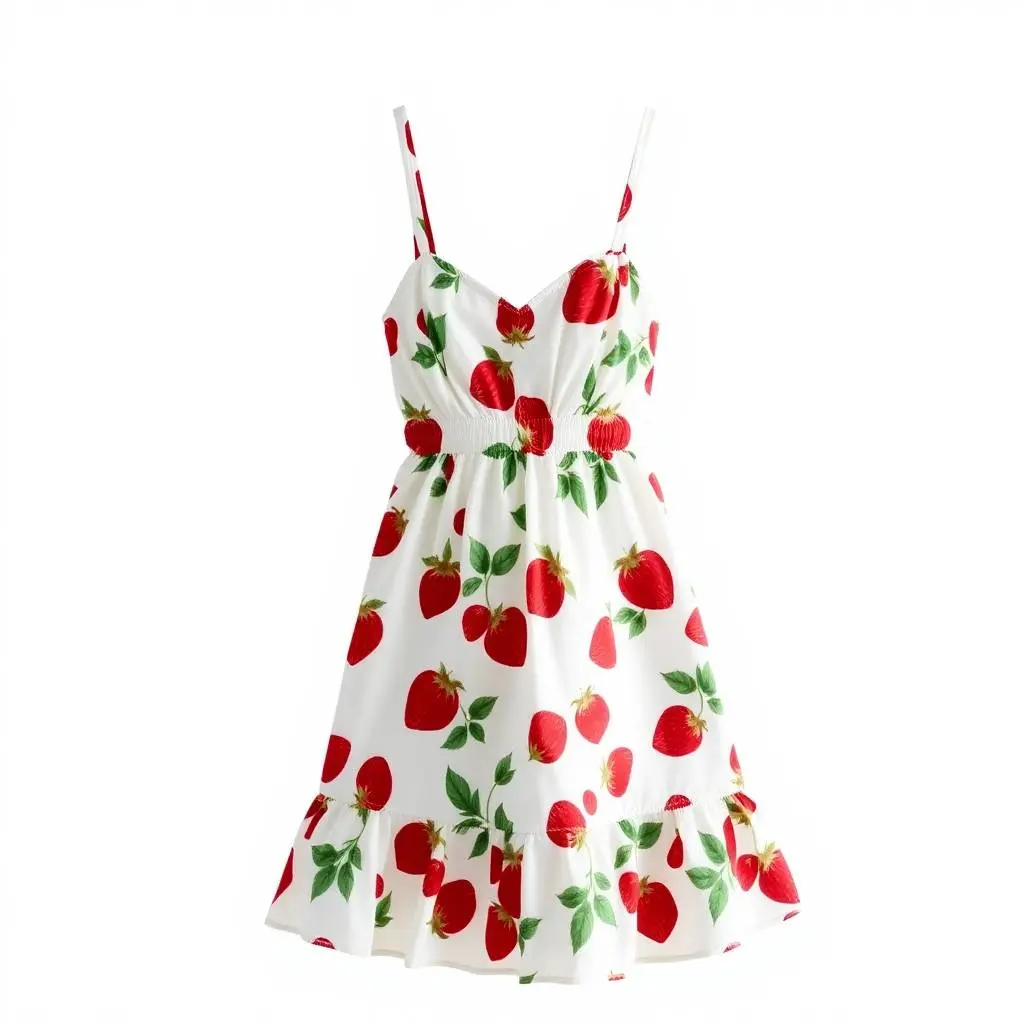 Classic black and white image a sleeveless ivory spaghetti strap sundress with a red strawberry and green leafy floral print displayed against a clean white background. The dress has a sweetheart neckline, ruched d.webp
