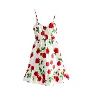 Classic black and white image a sleeveless ivory spaghetti strap sundress with a red strawberry and green leafy floral print displayed against a clean white background. The dress has a sweetheart neckline, ruched d.webp
