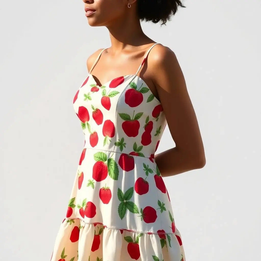 Candid street photography in natural earth tones a sleeveless ivory spaghetti strap sundress with a red strawberry and green leafy floral print against a white background.  The dress features a sweetheart neckline,.webp