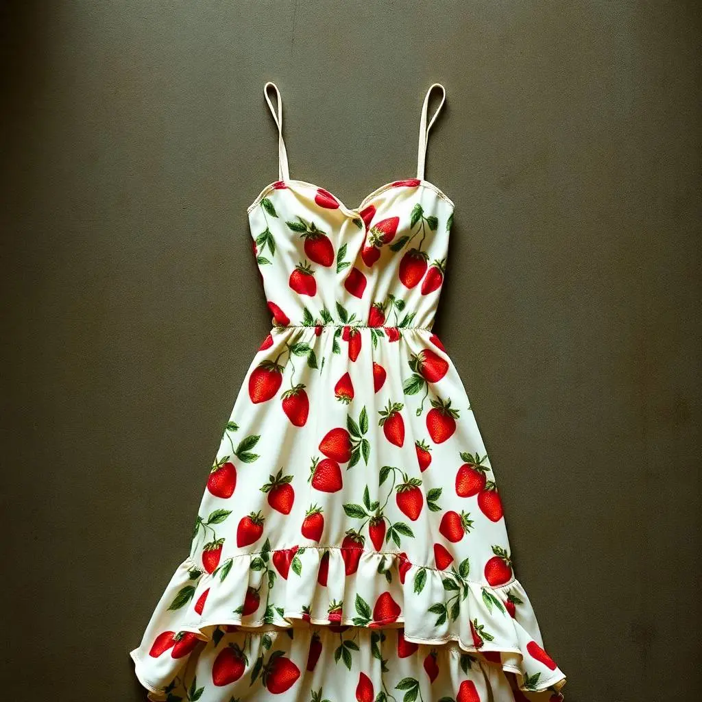 Cast bronze surface, dramatic cinematic style a sleeveless ivory spaghetti strap sundress with a red strawberry and green leafy floral print on a white background. The dress features a sweetheart neckline, ruched b.webp
