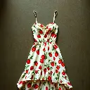 Cast bronze surface, dramatic cinematic style a sleeveless ivory spaghetti strap sundress with a red strawberry and green leafy floral print on a white background. The dress features a sweetheart neckline, ruched b.webp