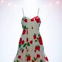 Epic, amazing lens glow lighting on a modern, futuristic grand scene a sleeveless ivory spaghetti strap sundress with a red strawberry and green leafy floral print on a white background. The dress features a sweeth.webp