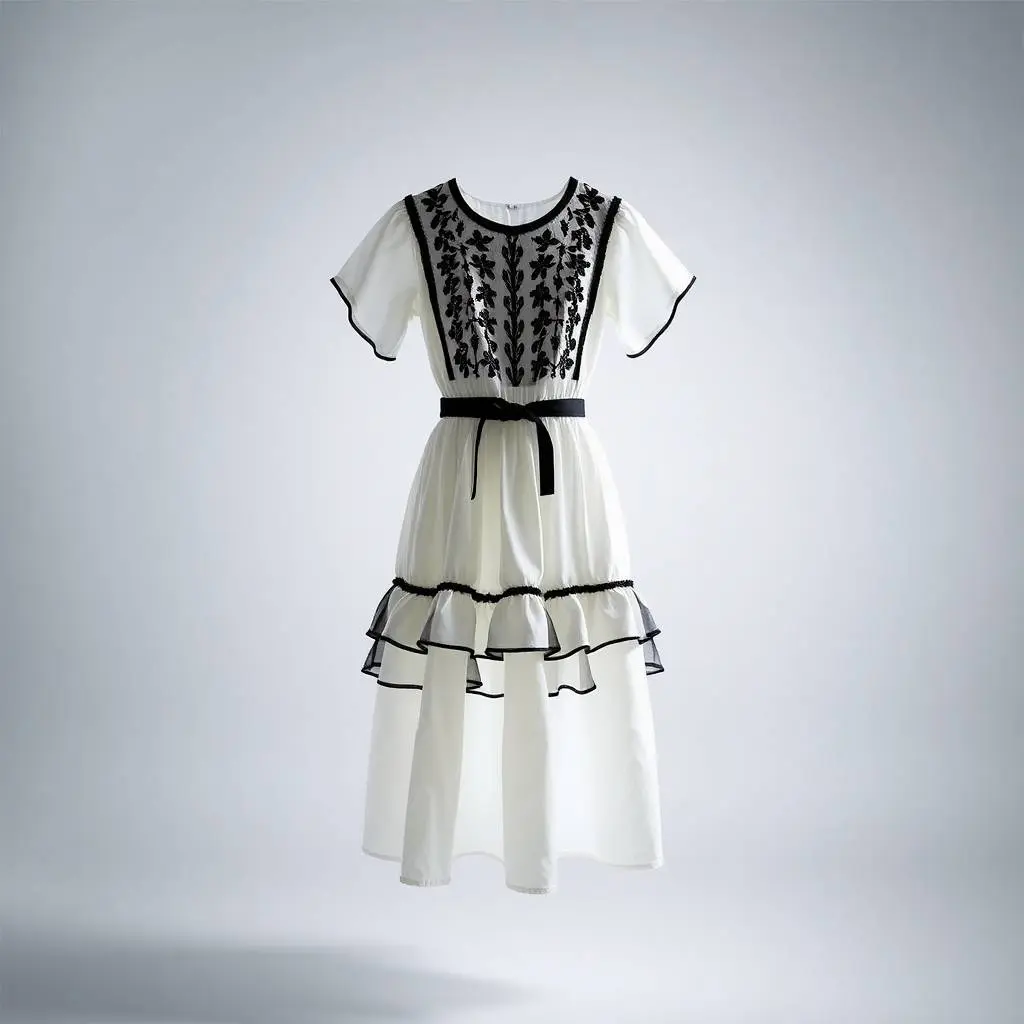 Silhouetted white cotton poplin dress with black embroidered yoke, fabric belt, and layered ruffles, on a plain white background.  Jet black backlighting creates a dramatic contrast.  The dress features a modest ro.webp