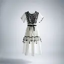 Silhouetted white cotton poplin dress with black embroidered yoke, fabric belt, and layered ruffles, on a plain white background.  Jet black backlighting creates a dramatic contrast.  The dress features a modest ro.webp