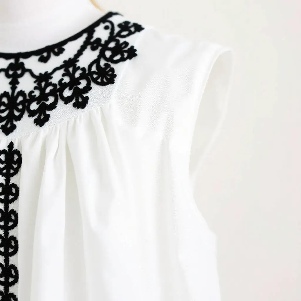 Extreme macro close-up of the black embroidered yoke detail on a sleeveless white cotton poplin dress, highlighting intricate stitching and texture.  Dress displayed on a plain white background. Small subject detai.webp