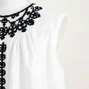 Extreme macro close-up of the black embroidered yoke detail on a sleeveless white cotton poplin dress, highlighting intricate stitching and texture.  Dress displayed on a plain white background. Small subject detai.webp