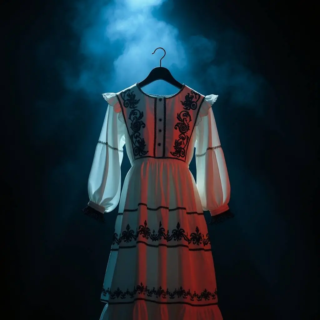 Volumetric lighting creates an eerie atmosphere around a white cotton poplin dress with black embroidery and ruffles. Vivid electric colors and dark tones emphasize unsettling details, with visible light beams cutt.webp