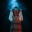 Volumetric lighting creates an eerie atmosphere around a white cotton poplin dress with black embroidery and ruffles. Vivid electric colors and dark tones emphasize unsettling details, with visible light beams cutt.webp
