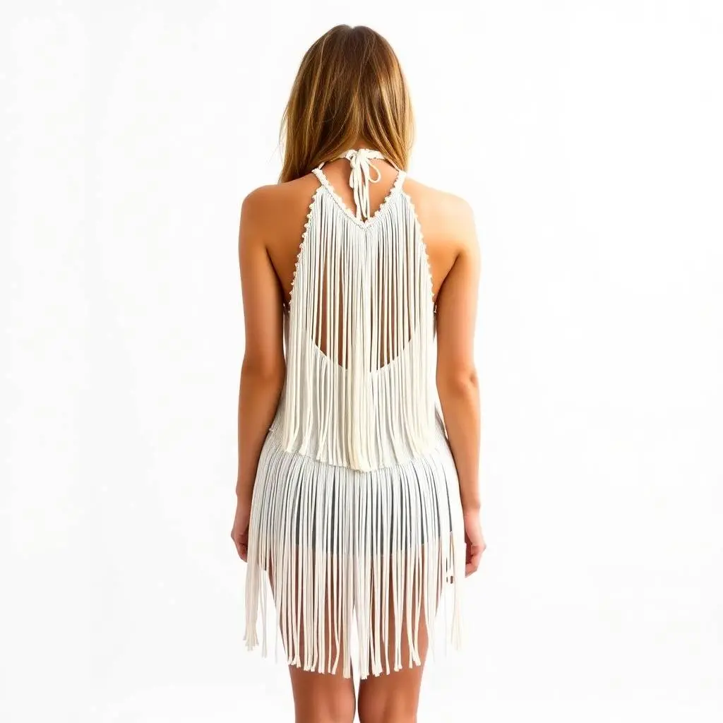 A backless halter neck white fringe mini dress, layered fringe, sleeveless, deep neckline, festival cowgirl fashion, on a white studio background. Vibrant, complimentary contrasting colors, balanced tones.webp