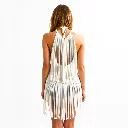 A backless halter neck white fringe mini dress, layered fringe, sleeveless, deep neckline, festival cowgirl fashion, on a white studio background. Vibrant, complimentary contrasting colors, balanced tones.webp