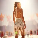 A backless halter neck white fringe mini dress, layered fringe, sleeveless, deep neckline, festival cowgirl fashion, on a white studio background. Epic, modern, future grand scene, massive scale, heroic elements, l.webp
