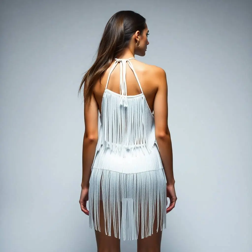 A backless halter neck white fringe mini dress, layered fringe, sleeveless, deep neckline, festival cowgirl fashion, on a white studio background. Futuristic sci-fi style, high contrast low key lighting, deep shado.webp