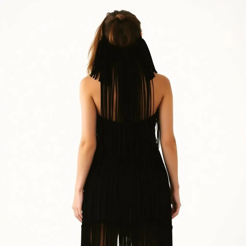 A black halter-neck fringe dress with layered tassels, sleeveless and backless, styled in a western cowgirl aesthetic against a plain white background. Surreal infrared tones, warm, slightly dark, soft professional.webp