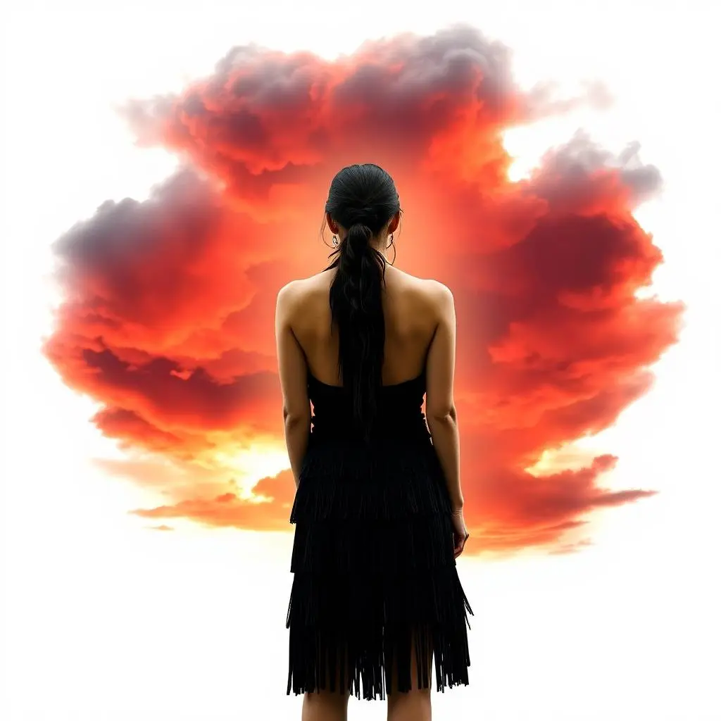 A black halter-neck fringe dress with layered tassels, sleeveless and backless, styled in a western cowgirl aesthetic against a plain white background.  Intense dramatic weather with reds, oranges, and yellows domi.webp