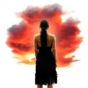 A black halter-neck fringe dress with layered tassels, sleeveless and backless, styled in a western cowgirl aesthetic against a plain white background.  Intense dramatic weather with reds, oranges, and yellows domi.webp