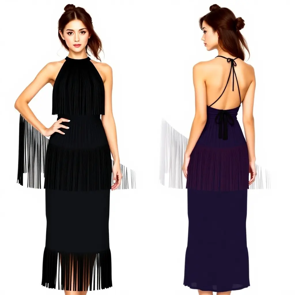 A black halter-neck fringe dress with layered tassels, sleeveless and backless, styled in a western cowgirl aesthetic on a plain white background. Rich burgundy and deep blue color palette, sophisticated and el (1).webp