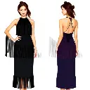 A black halter-neck fringe dress with layered tassels, sleeveless and backless, styled in a western cowgirl aesthetic on a plain white background. Rich burgundy and deep blue color palette, sophisticated and el (1).webp