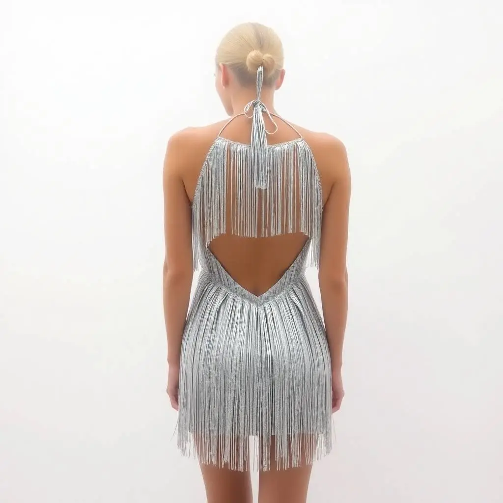 A shiny silver fringe mini dress, halter neck and backless style, displayed on a white backdrop within a thick fog. Low visibility, electric vivid colors.webp