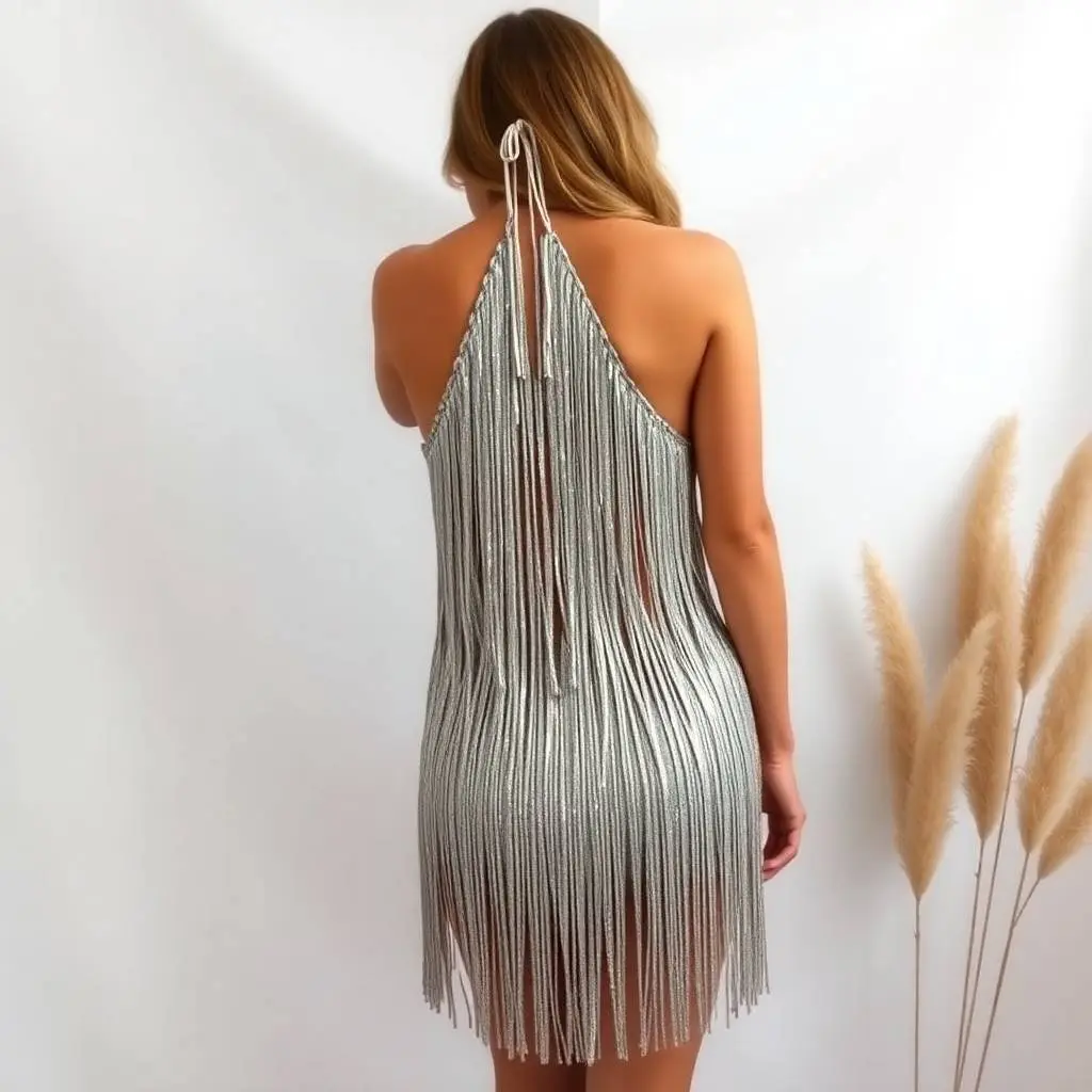 A shimmering silver fringe mini dress with halter neck and backless style, layered fringes sparkling, displayed on a white backdrop.  Earth tones, ethereal vibe, muted browns and beiges, mystical feeling, light aur.webp