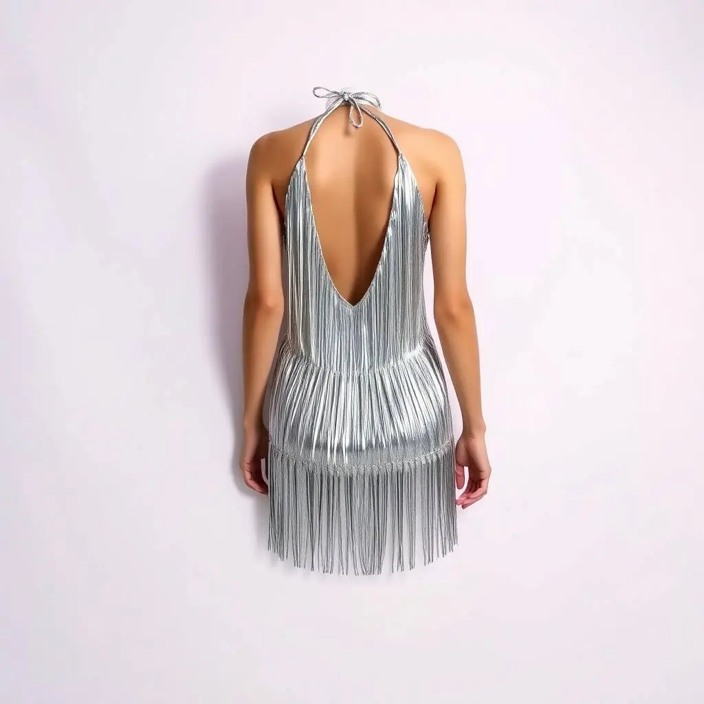 Surreal image of a shiny silver fringe mini dress, halter neck and backless style, on a white backdrop. Dreamlike imagery, smooth gradient transitions, fantastical elements, bizarre scenes.webp
