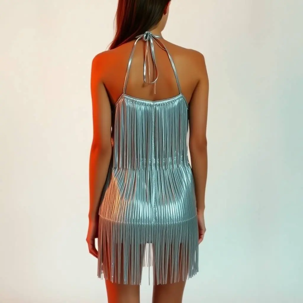 Soft cinematic haze envelops a shiny metallic silver fringe mini dress on a white studio backdrop. The dress features a halter neck, backless style, and layered fringes. Warm terracotta and cool teal create an eart.webp