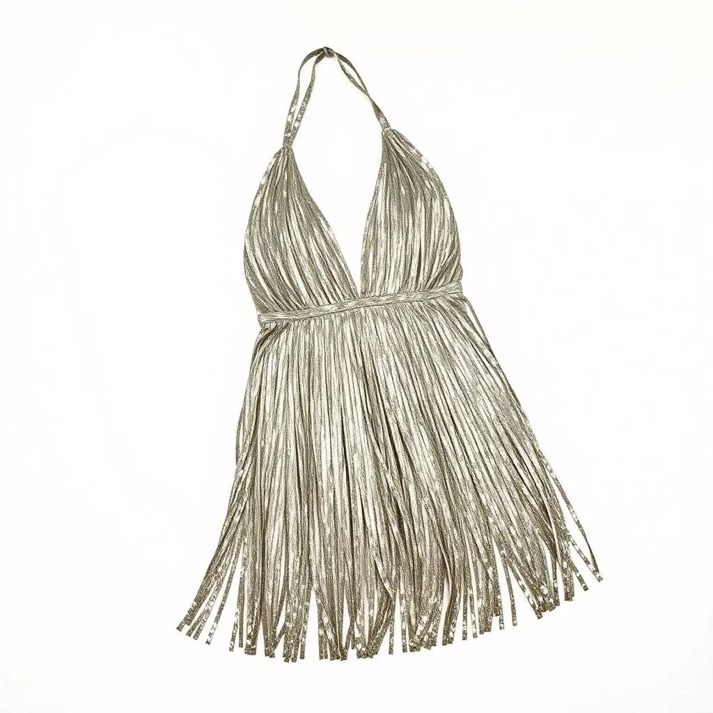 Overhead shot of a shiny metallic silver fringe mini dress on a white studio backdrop. The dress features a halter neck, backless style, and layered fringes with a sparkle effect. The bronze surface shows an antiqu.webp