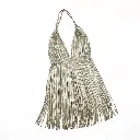 Overhead shot of a shiny metallic silver fringe mini dress on a white studio backdrop. The dress features a halter neck, backless style, and layered fringes with a sparkle effect. The bronze surface shows an antiqu.webp