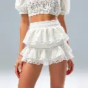 High-resolution product photo, rich deep teal futuristic sci-fi style. A white double-layered ruffle mini skirt with delicate lace trim and elastic waistband, featuring built-in inner shorts.  A woman with fair ski.webp