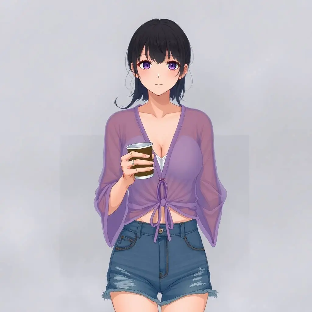 An Isekai anime-style illustration depicting a woman in a lavender purple sheer mesh shrug with long bell sleeves and a tie-front, wearing distressed denim shorts and delicate rings, holding a coffee cup. The scene.webp
