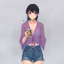 An Isekai anime-style illustration depicting a woman in a lavender purple sheer mesh shrug with long bell sleeves and a tie-front, wearing distressed denim shorts and delicate rings, holding a coffee cup. The scene.webp