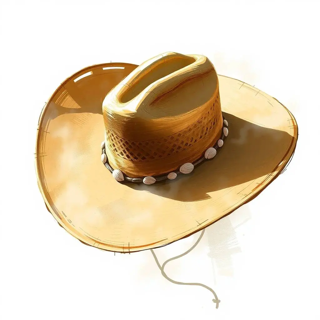 A digital sketch, painterly style, using loose strokes and complementary epic colors, depicting a beige straw cowgirl hat with a shapeable wide brim, open weave, and seashell trim, on a white background.  Misty atm.webp