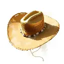 A digital sketch, painterly style, using loose strokes and complementary epic colors, depicting a beige straw cowgirl hat with a shapeable wide brim, open weave, and seashell trim, on a white background.  Misty atm.webp