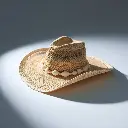 A futuristic sci-fi styled image, high contrast and low key lighting, depicts a beige straw cowgirl hat with a shapeable wide brim, open weave, and seashell trim, on a white background. Deep shadows and dramatic li.webp