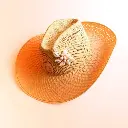 A smooth gradient transition of warm candlelight colors illuminates a beige straw cowgirl hat with a shapeable wide brim, open weave pattern, and decorative seashell trim band, photographed against a white backgrou.webp
