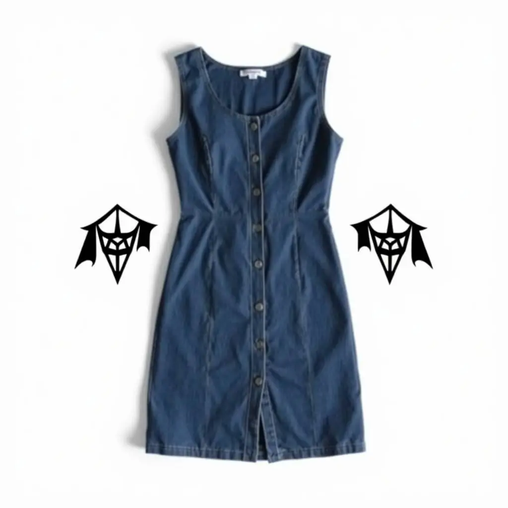 A sleeveless medium-wash blue denim mini dress with scoop neckline and front slit, displayed flat on a white background, rendered in a high-resolution product catalog style.  The logo, in geometric shapes and dark .webp