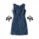 A sleeveless medium-wash blue denim mini dress with scoop neckline and front slit, displayed flat on a white background, rendered in a high-resolution product catalog style.  The logo, in geometric shapes and dark .webp