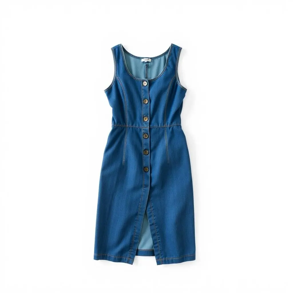 Vibrant, contrasting colors define this precise architectural color photograph. A sleeveless medium-wash blue denim mini dress with scoop neckline and front slit, displayed flat on a white background, features shar.webp