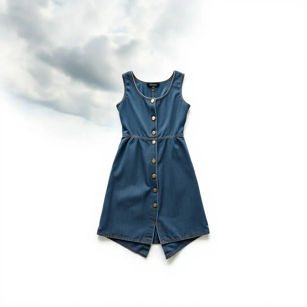 High-tension architectural color photograph of a sleeveless medium-wash blue denim mini dress with scoop neckline and front slit hem, displayed flat on a clean white background.  Stormy skies, sharp lines, and deta.webp