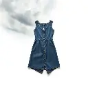 High-tension architectural color photograph of a sleeveless medium-wash blue denim mini dress with scoop neckline and front slit hem, displayed flat on a clean white background.  Stormy skies, sharp lines, and deta.webp