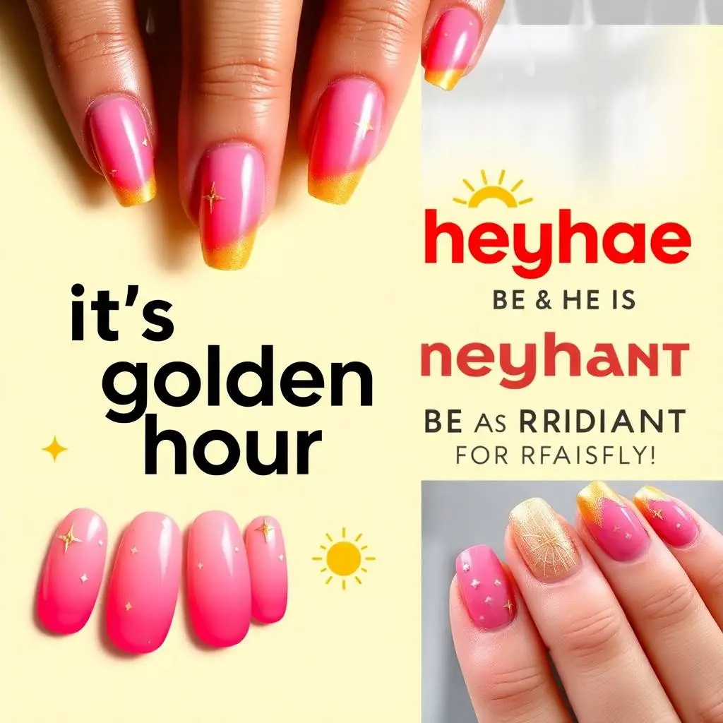 Heyhae Semi-Cured Gel Nail Strips – It's Golden Hour | No Lamp Needed | Ombre & Gold Glitter