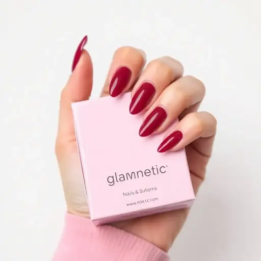 Glamnetic Ruby Slipper Press-On Nails – Deep Red Sparkly Short Almond Nails with Velvet Finish | 30-Piece Reusable Kit