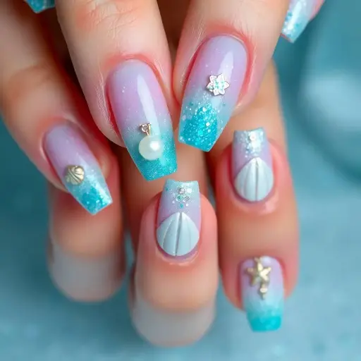 Mermaid Press On Nails – Blue Gradient Coffin Fake Nails with Rhinestones | Glitter French Tips | 24pcs Full Glossy Set for Women & Girls