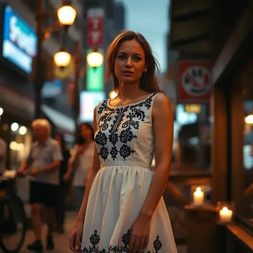White Cotton Fit & Flare Dress with Black Embroidered Yoke – Elegant Summer Casual Wear